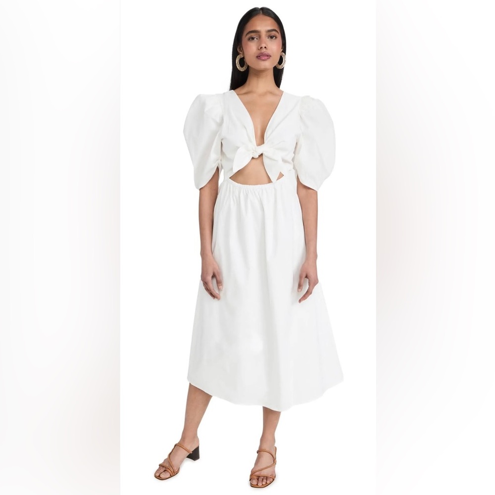 WAYF Peggy Cutout Puff Sleeve Midi Dress White Size Medium NWT